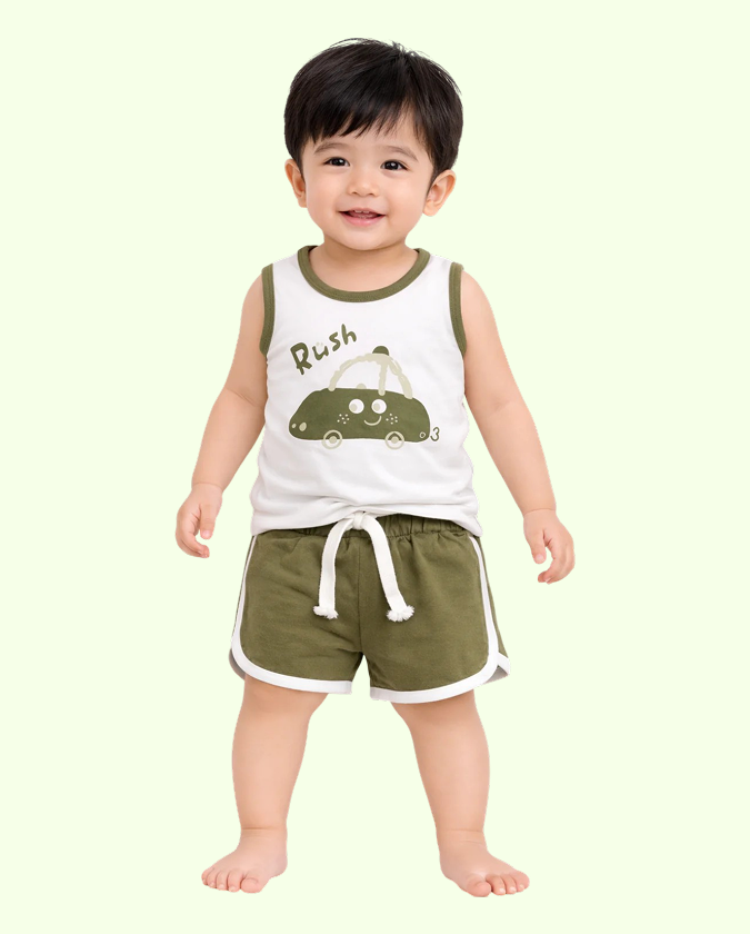Olive Green Car Print Sleeveless Kids Co-ord Set – Soft Cotton Summer Wear for Boys BloomUp