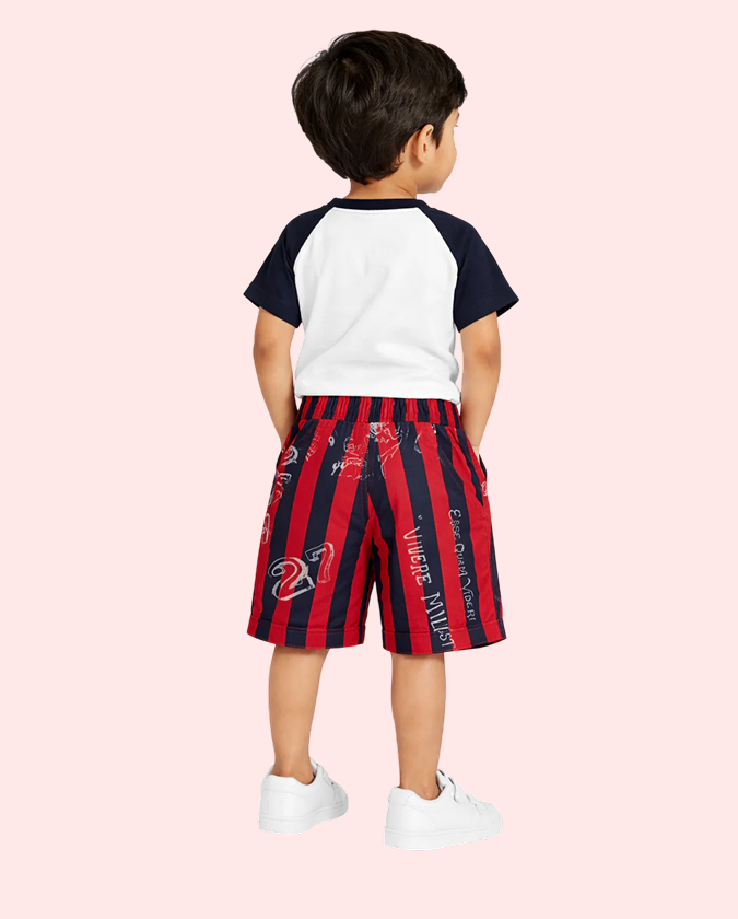 White Graphic T-Shirt & Red Striped Shorts Co-ord Set for Boys – Soft Cotton Summer Kids Outfit BloomUp