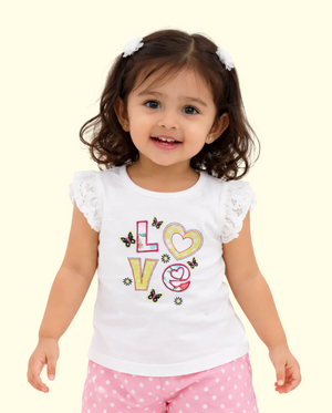 White “Love” Graphic Sleeveless Kids T-Shirt – Soft Cotton Lace Shoulder Summer Wear for Girls BloomUp