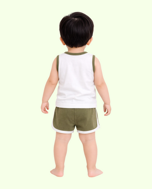 Olive Green Car Print Sleeveless Kids Co-ord Set – Soft Cotton Summer Wear for Boys BloomUp