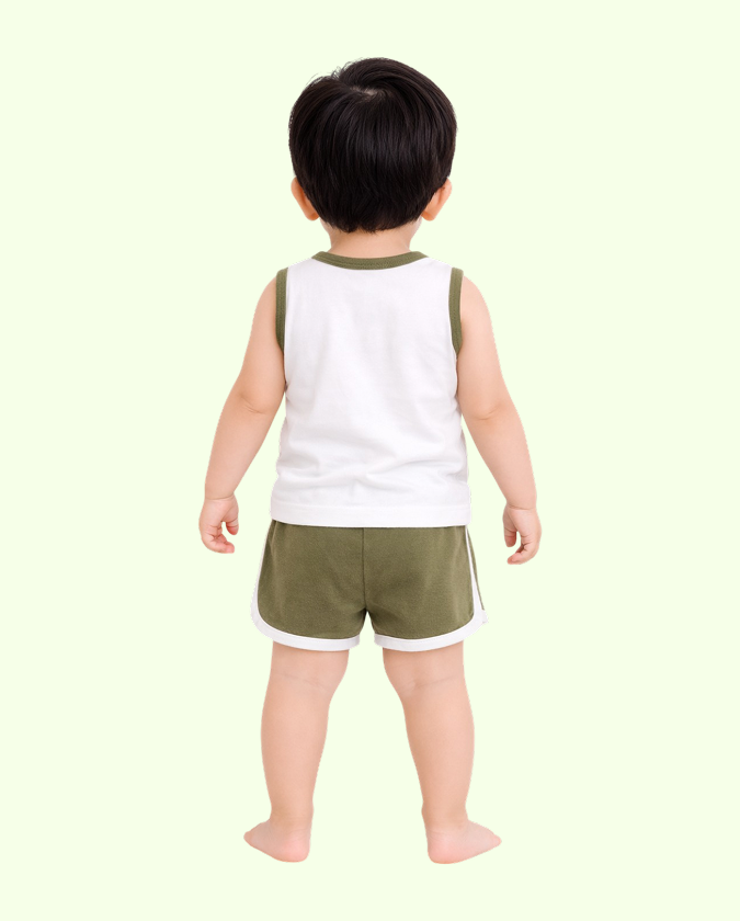 Olive Green Car Print Sleeveless Kids Co-ord Set – Soft Cotton Summer Wear for Boys BloomUp