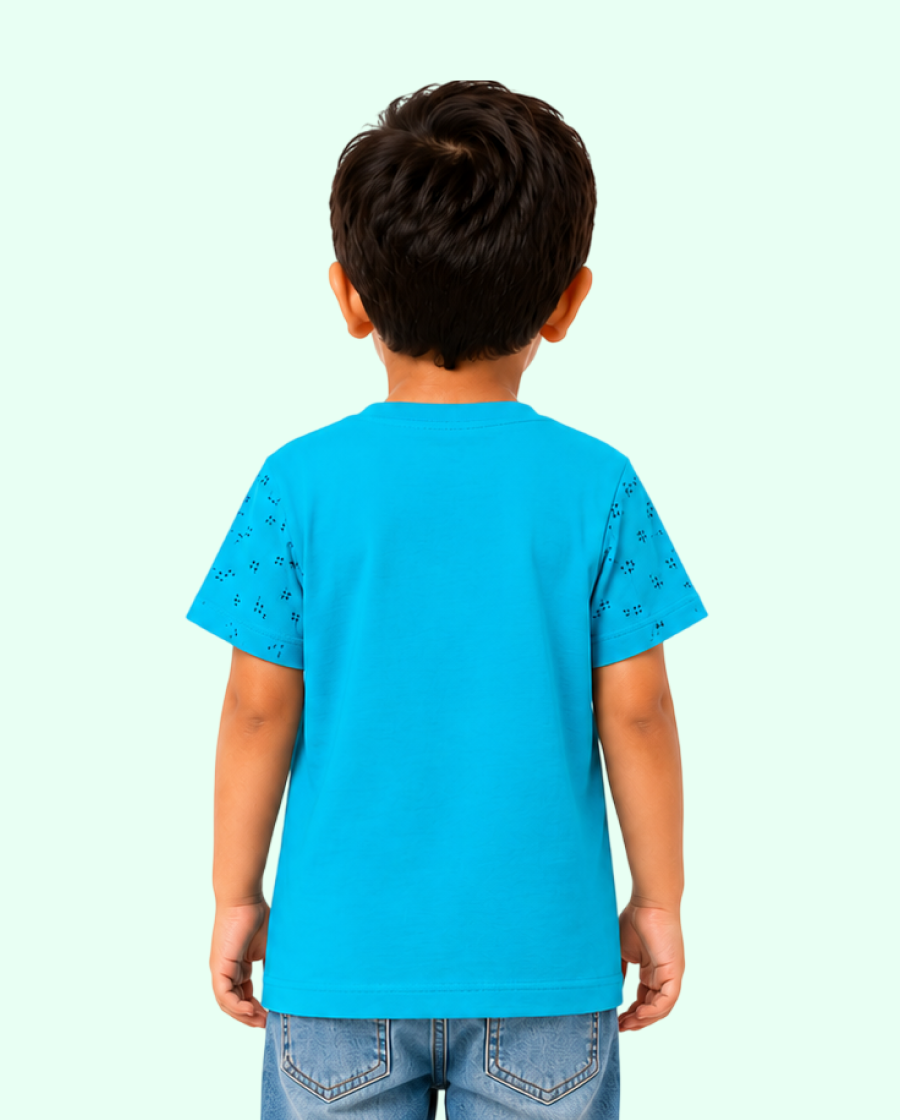 Teal Blue Micro Print Kids T-Shirt – Soft Cotton Casual Summer Wear for Boys BloomUp