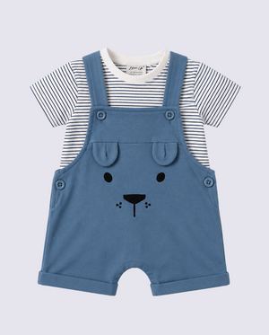 Baby Sky Blue Bear Dungaree Romper Set with Striped T-Shirt BloomUp