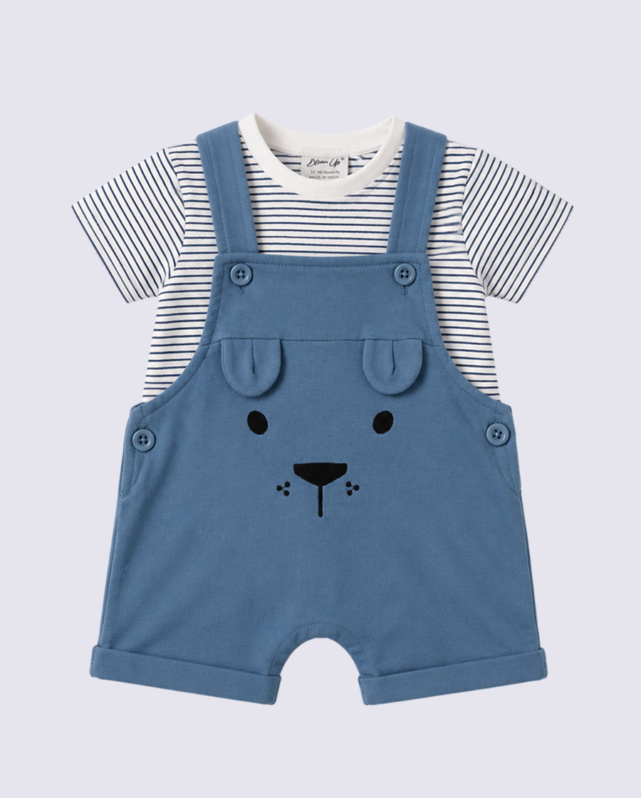 Baby Sky Blue Bear Dungaree Romper Set with Striped T-Shirt BloomUp