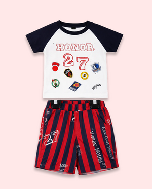White Graphic T-Shirt & Red Striped Shorts Co-ord Set for Boys – Soft Cotton Summer Kids Outfit BloomUp