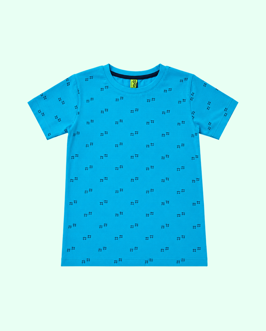 Teal Blue Micro Print Kids T-Shirt – Soft Cotton Casual Summer Wear for Boys BloomUp