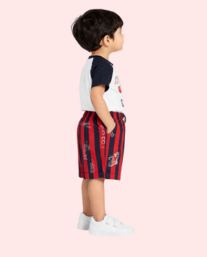 White Graphic T-Shirt & Red Striped Shorts Co-ord Set for Boys – Soft Cotton Summer Kids Outfit BloomUp