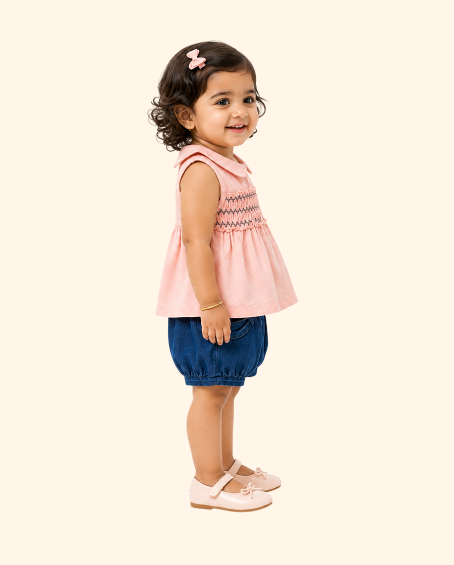 Peach Smocked Top & Denim Shorts Kids Co-ord Set – Soft Cotton Summer Outfit for Girls BloomUp