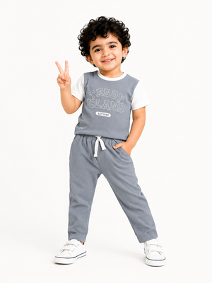 Teddy Island Ribbed T-Shirt & Jogger Set for Boys – Soft Cotton Summer Co-ord Set BloomUp