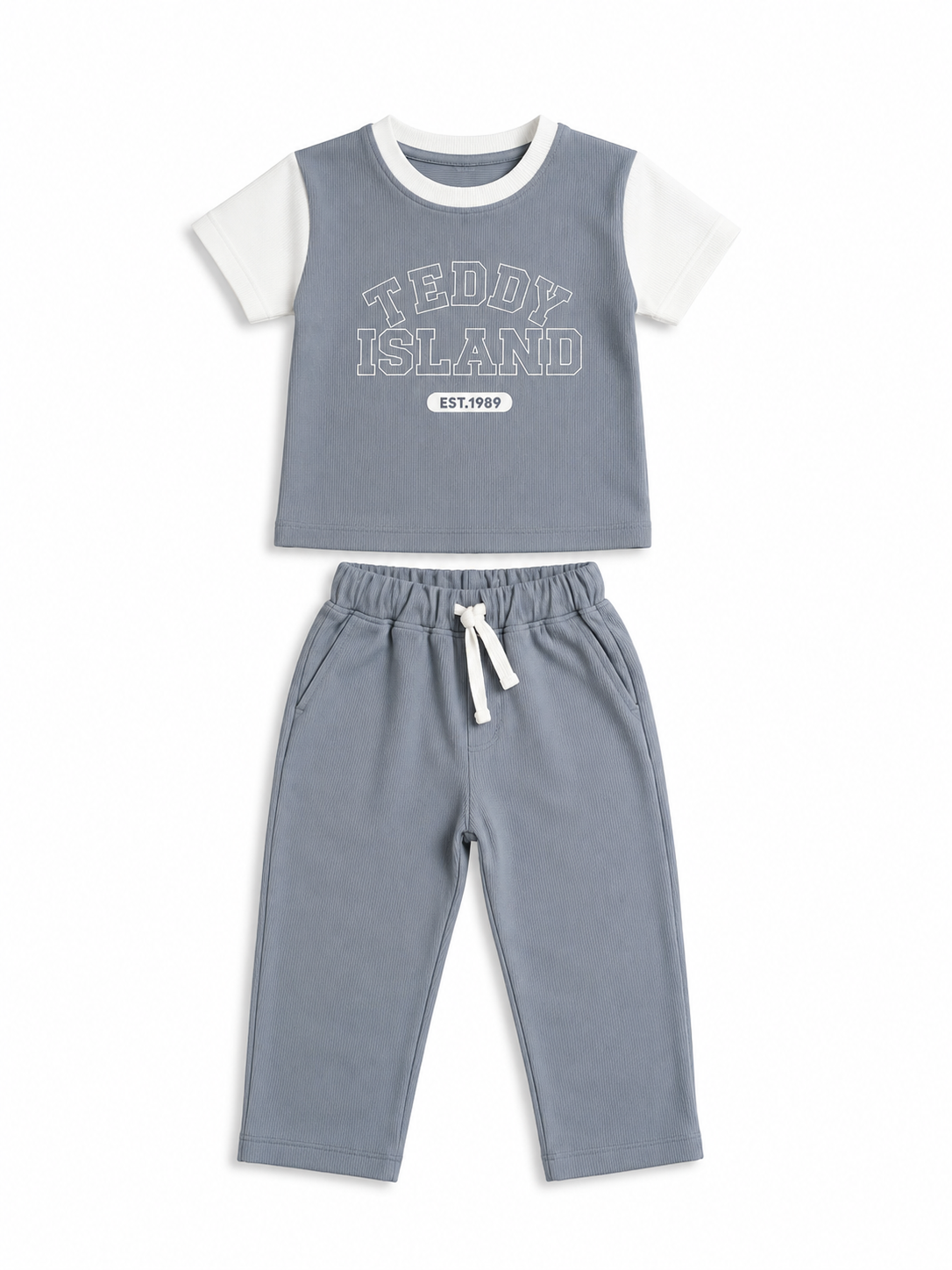 Teddy Island Ribbed T-Shirt & Jogger Set for Boys – Soft Cotton Summer Co-ord Set BloomUp