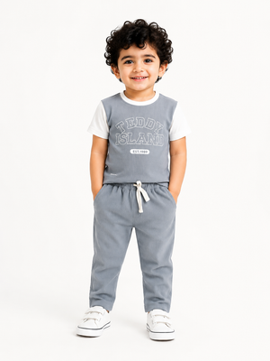 Teddy Island Ribbed T-Shirt & Jogger Set for Boys – Soft Cotton Summer Co-ord Set BloomUp