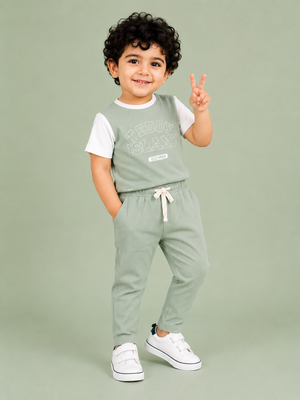 Teddy Island Ribbed T-Shirt & Jogger Set for Boys – Soft Cotton Co-ord Set BloomUp