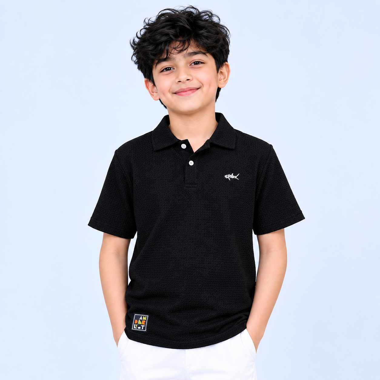Black SPARK Logo Polo T-Shirt for Boys – Soft Cotton Casual Wear BloomUp