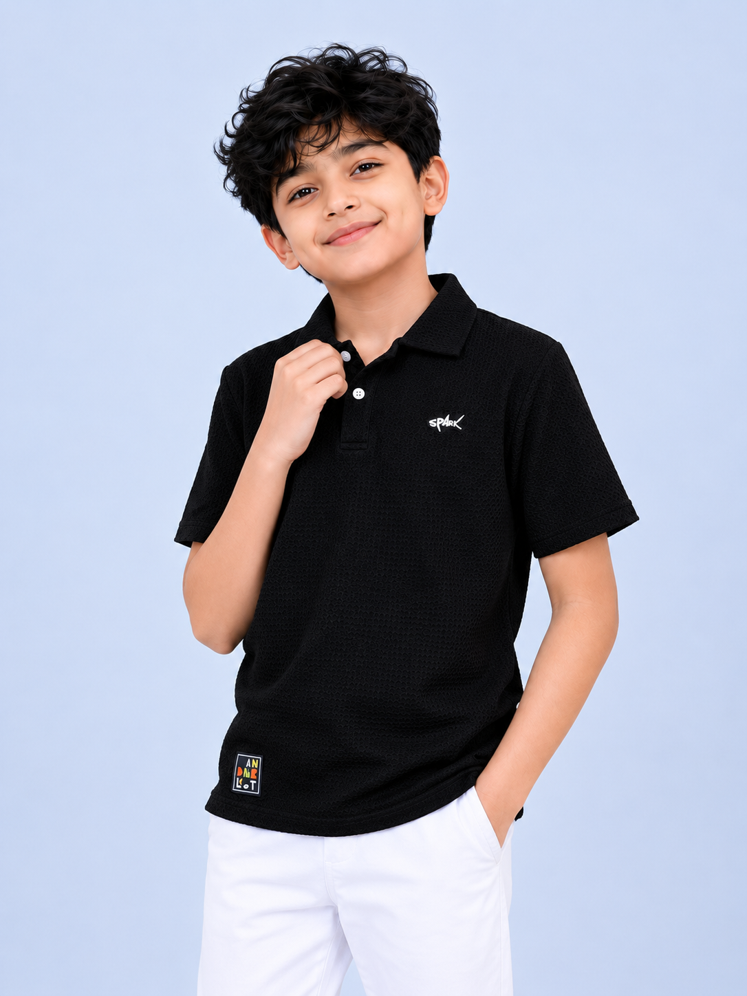 Black SPARK Logo Polo T-Shirt for Boys – Soft Cotton Casual Wear BloomUp