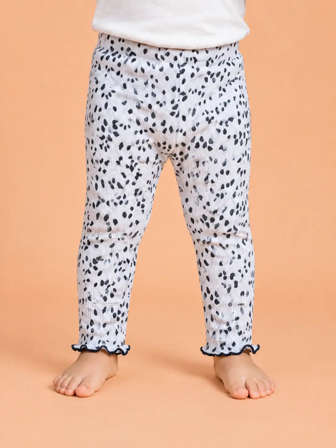 BloomUp White Black Spot Print Ribbed Leggings for Girls – Soft Stretch Cotton Daily Wear Kids Pants
