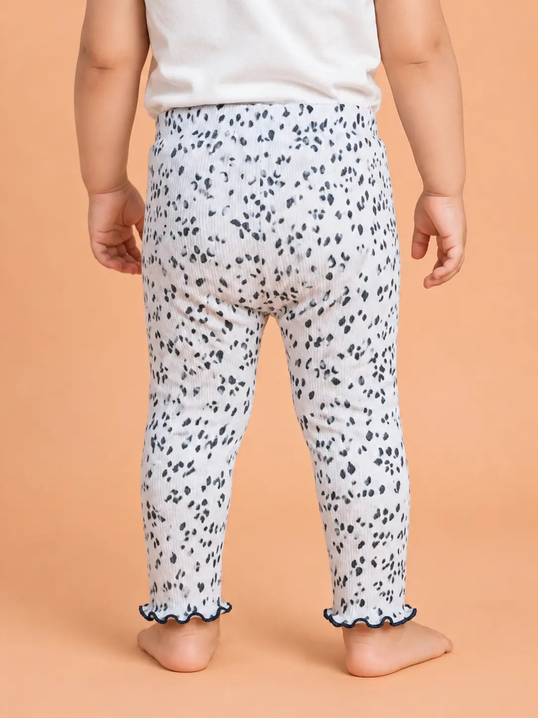 BloomUp White Black Spot Print Ribbed Leggings for Girls – Soft Stretch Cotton Daily Wear Kids Pants