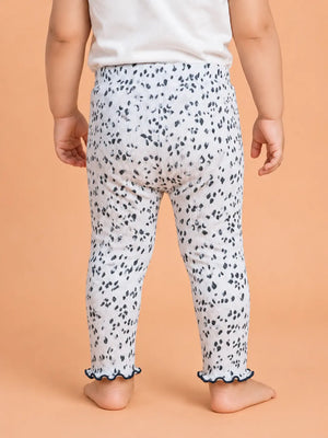 BloomUp White Black Spot Print Ribbed Leggings for Girls – Soft Stretch Cotton Daily Wear Kids Pants