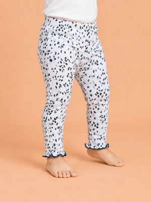BloomUp White Black Spot Print Ribbed Leggings for Girls – Soft Stretch Cotton Daily Wear Kids Pants