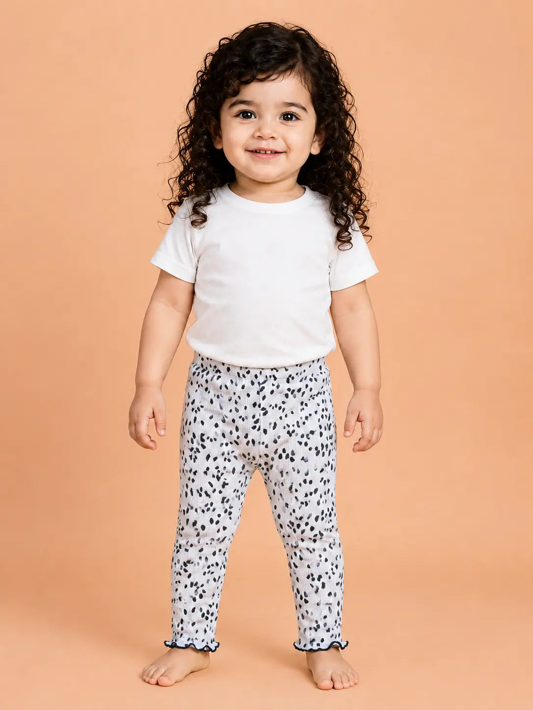BloomUp White Black Spot Print Ribbed Leggings for Girls – Soft Stretch Cotton Daily Wear Kids Pants