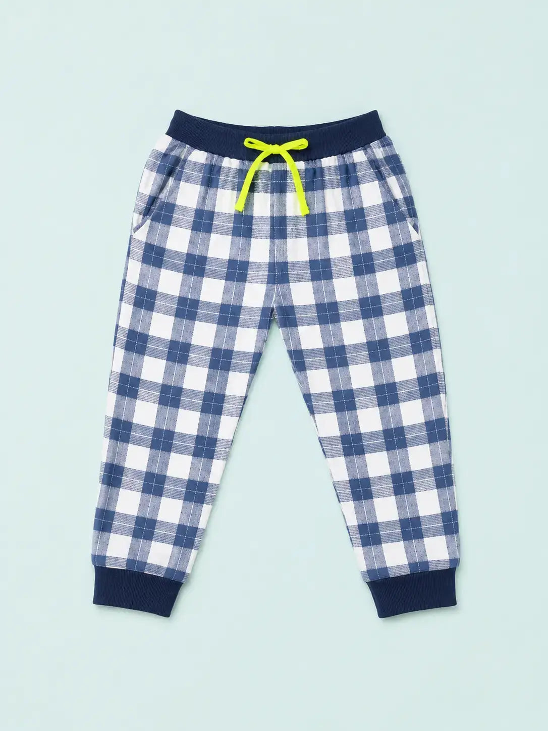 BloomUp Blue Checked Jogger Pants for Boys – Soft Cotton Drawstring Track Pants