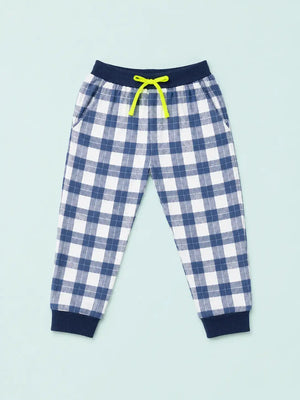 BloomUp Blue Checked Jogger Pants for Boys – Soft Cotton Drawstring Track Pants