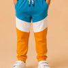 Blue & Mustard Color Block Jogger Pants for Boys – Soft Cotton Track Pants with Drawstring