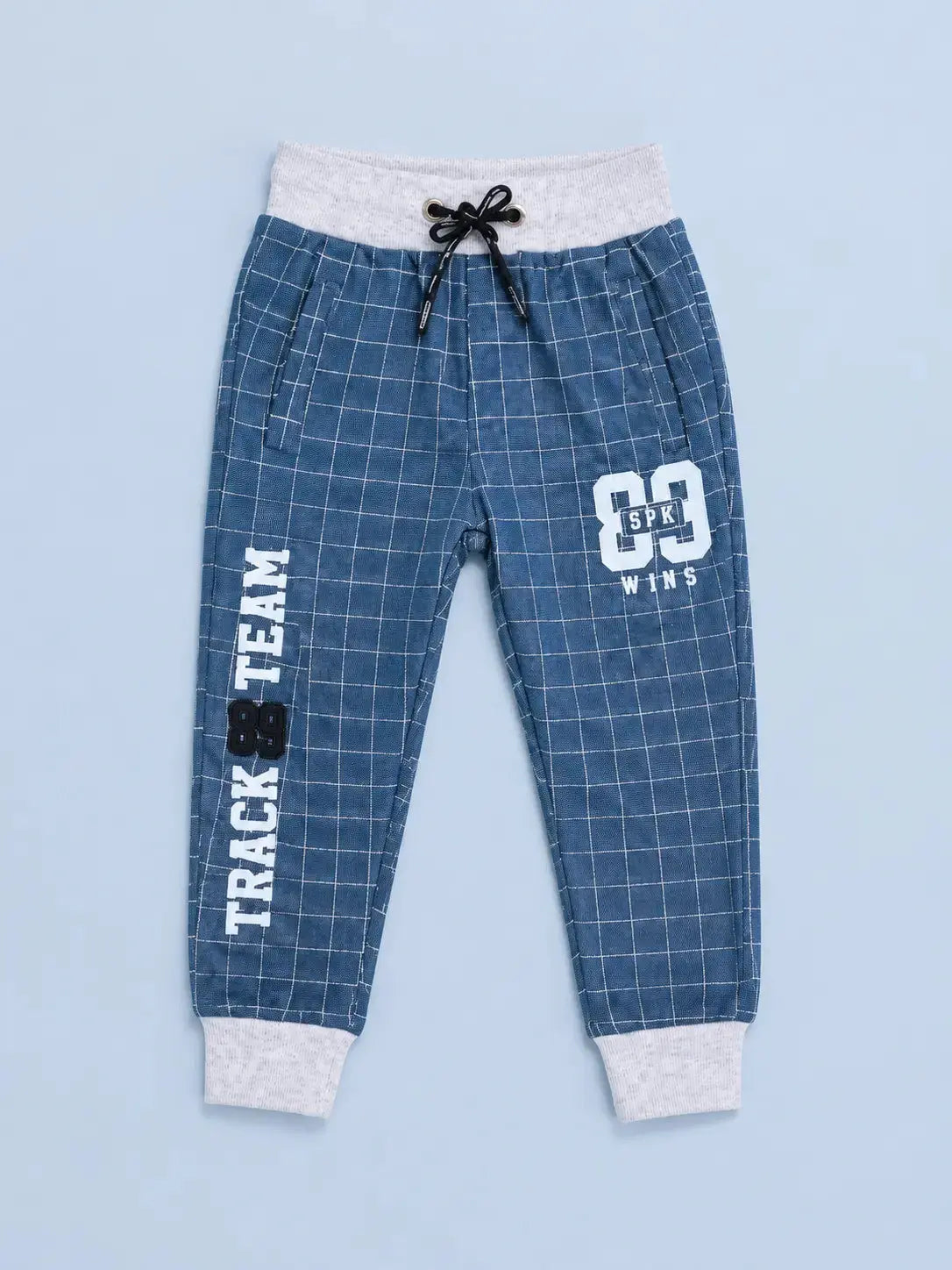 BloomUp Blue Checked Jogger Pants for Boys – Soft Cotton Elastic Waist Casual Track Pants