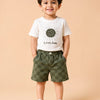 White Cool Sun Graphic T-Shirt & Olive Green Checkered Shorts Co-ord Set for Boys – Soft Cotton Summer Outfit