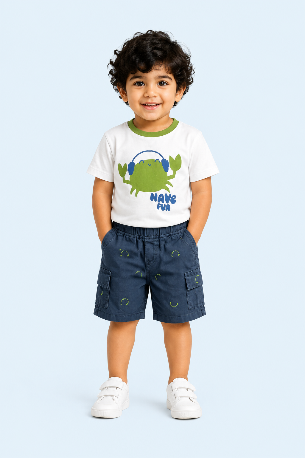 White Have Fun Green Crab Graphic T-Shirt & Navy Shorts Set for Toddlers – Soft Cotton Summer Wear BloomUp
