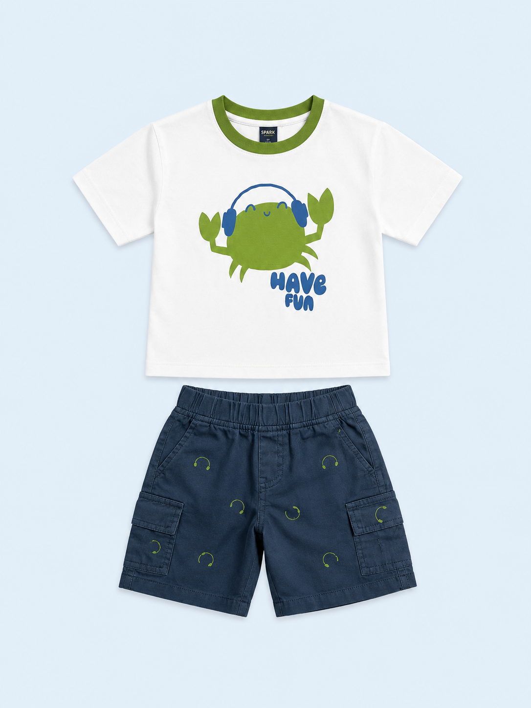 White Have Fun Green Crab Graphic T-Shirt & Navy Shorts Set for Toddlers – Soft Cotton Summer Wear BloomUp