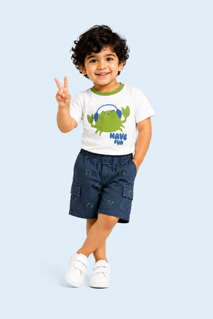 White Have Fun Green Crab Graphic T-Shirt & Navy Shorts Set for Toddlers – Soft Cotton Summer Wear BloomUp