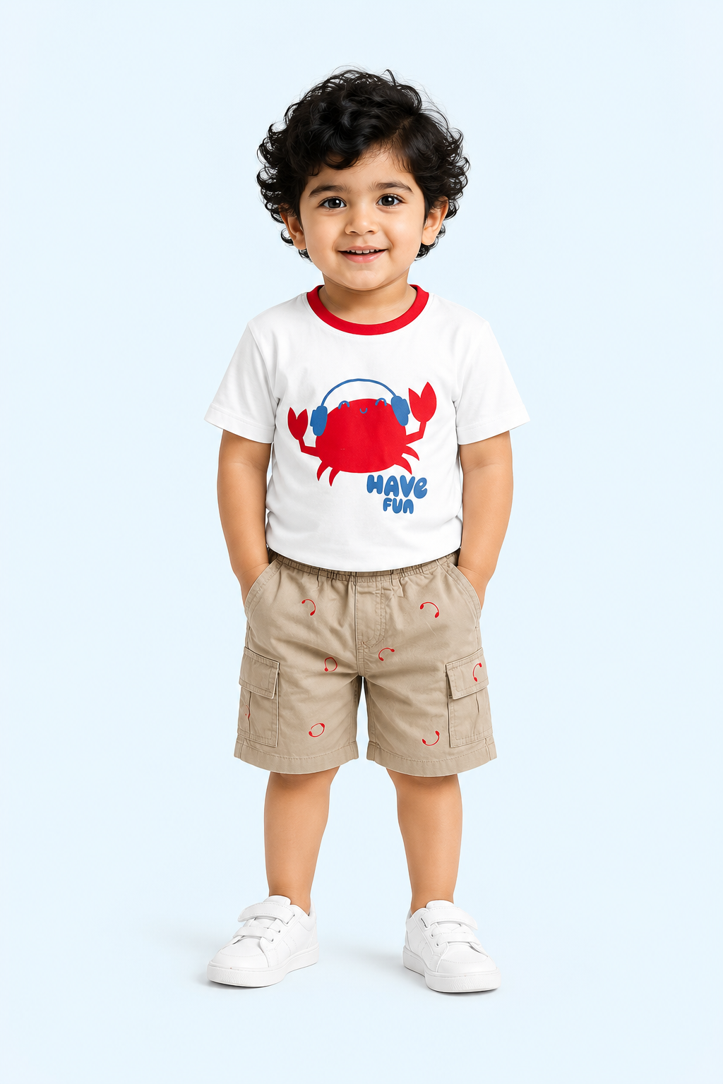 White Have Fun Crab Graphic T-Shirt & Beige Shorts Set for Toddlers – Soft Cotton Summer Wear BloomUp
