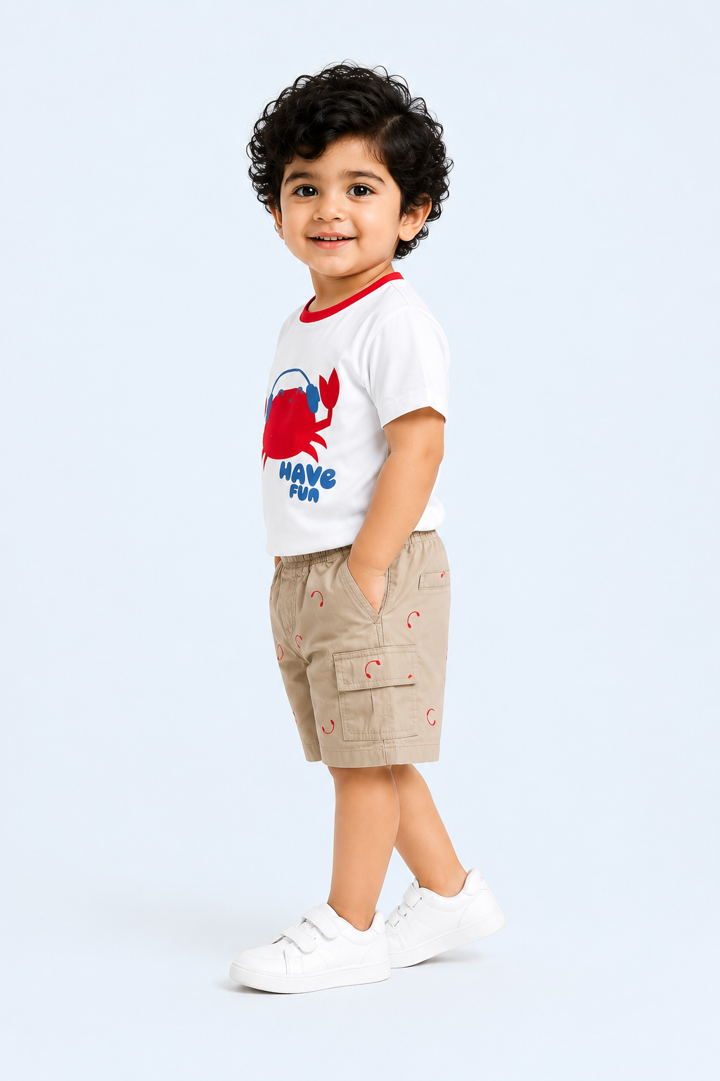 White Have Fun Crab Graphic T-Shirt & Beige Shorts Set for Toddlers – Soft Cotton Summer Wear BloomUp