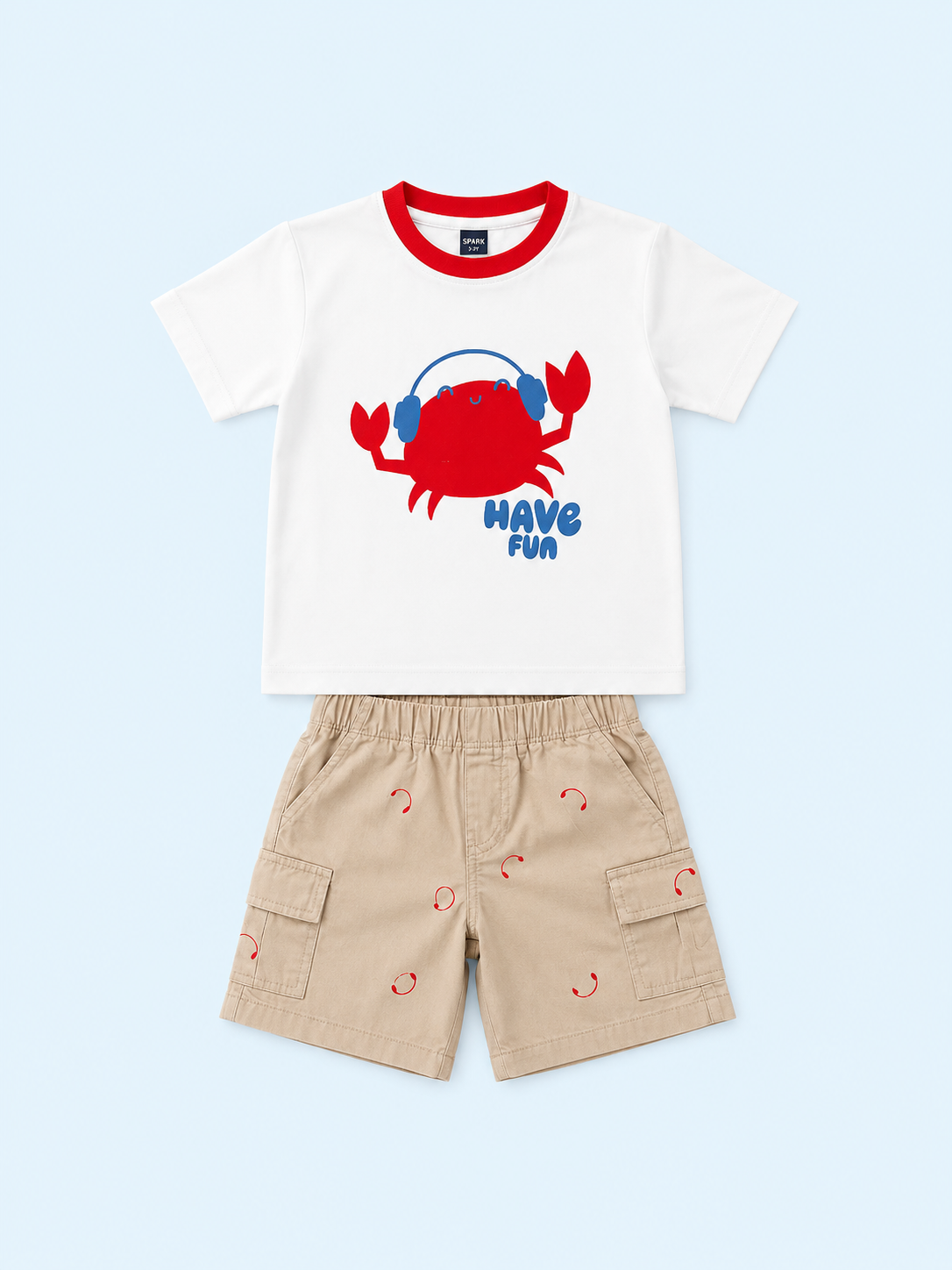 White Have Fun Crab Graphic T-Shirt & Beige Shorts Set for Toddlers – Soft Cotton Summer Wear BloomUp