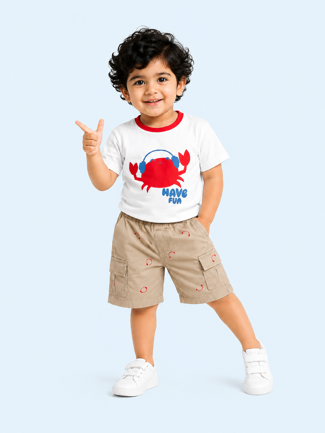 White Have Fun Crab Graphic T-Shirt & Beige Shorts Set for Toddlers – Soft Cotton Summer Wear BloomUp
