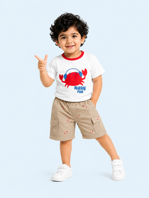 White Have Fun Crab Graphic T-Shirt & Beige Shorts Set for Toddlers – Soft Cotton Summer Wear BloomUp