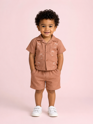 Boys Brick Brown Shirt & Shorts Co ord Set Kidswear BloomUp