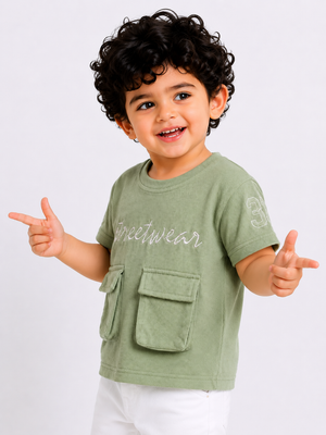 Green Streetwear Graphic Pocket T-Shirt for Boys – Soft Cotton Casual Summer Wear BloomUp