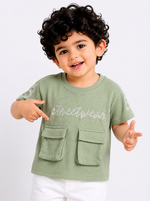 Green Streetwear Graphic Pocket T-Shirt for Boys – Soft Cotton Casual Summer Wear BloomUp