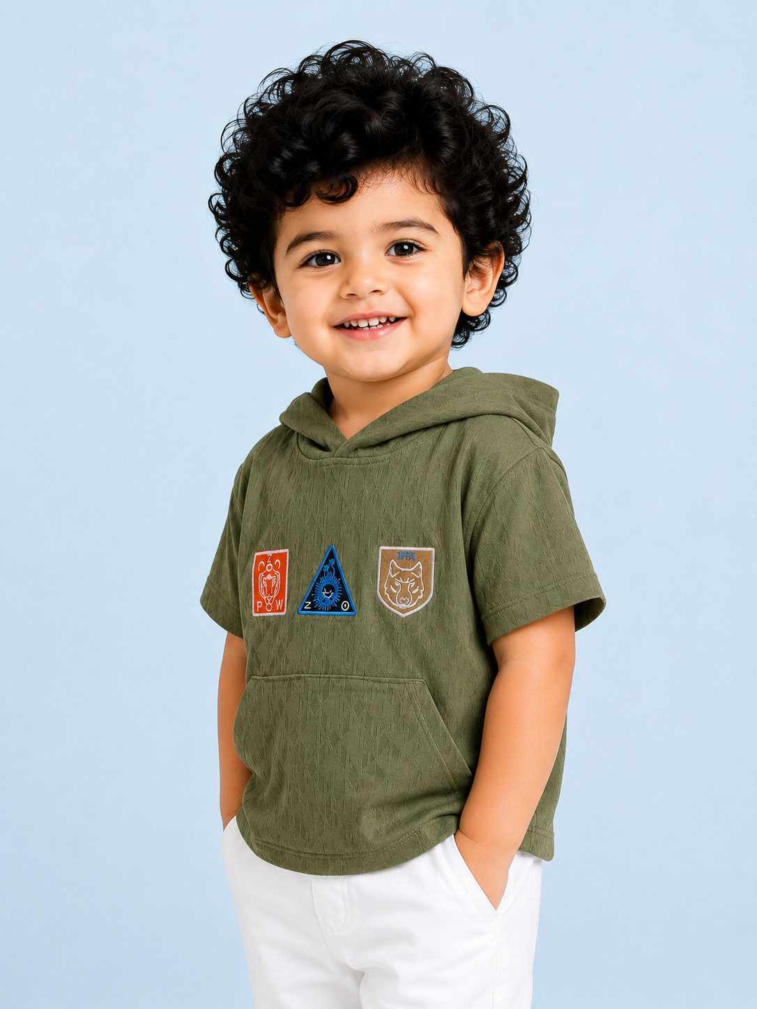 Olive Green Hoodie Patch T-Shirt for Toddlers – Soft Cotton Summer Tee for Boys BloomUp