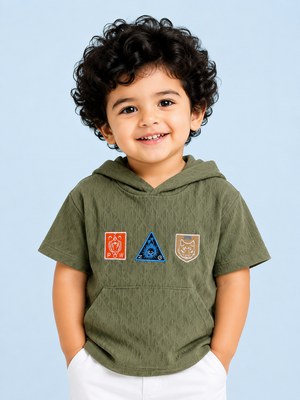 Olive Green Hoodie Patch T-Shirt for Toddlers – Soft Cotton Summer Tee for Boys BloomUp
