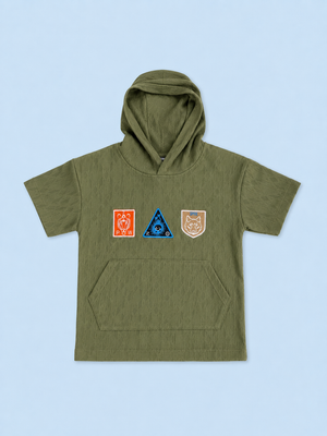 Olive Green Hoodie Patch T-Shirt for Toddlers – Soft Cotton Summer Tee for Boys BloomUp