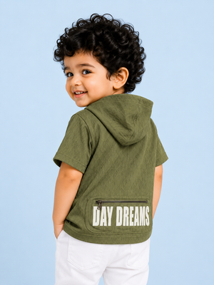 Olive Green Hoodie Patch T-Shirt for Toddlers – Soft Cotton Summer Tee for Boys BloomUp