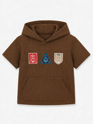 BloomUp Brown Graphic Hooded Half Sleeve T-Shirt for Boys – Textured Casual Summer Hoodie Tee