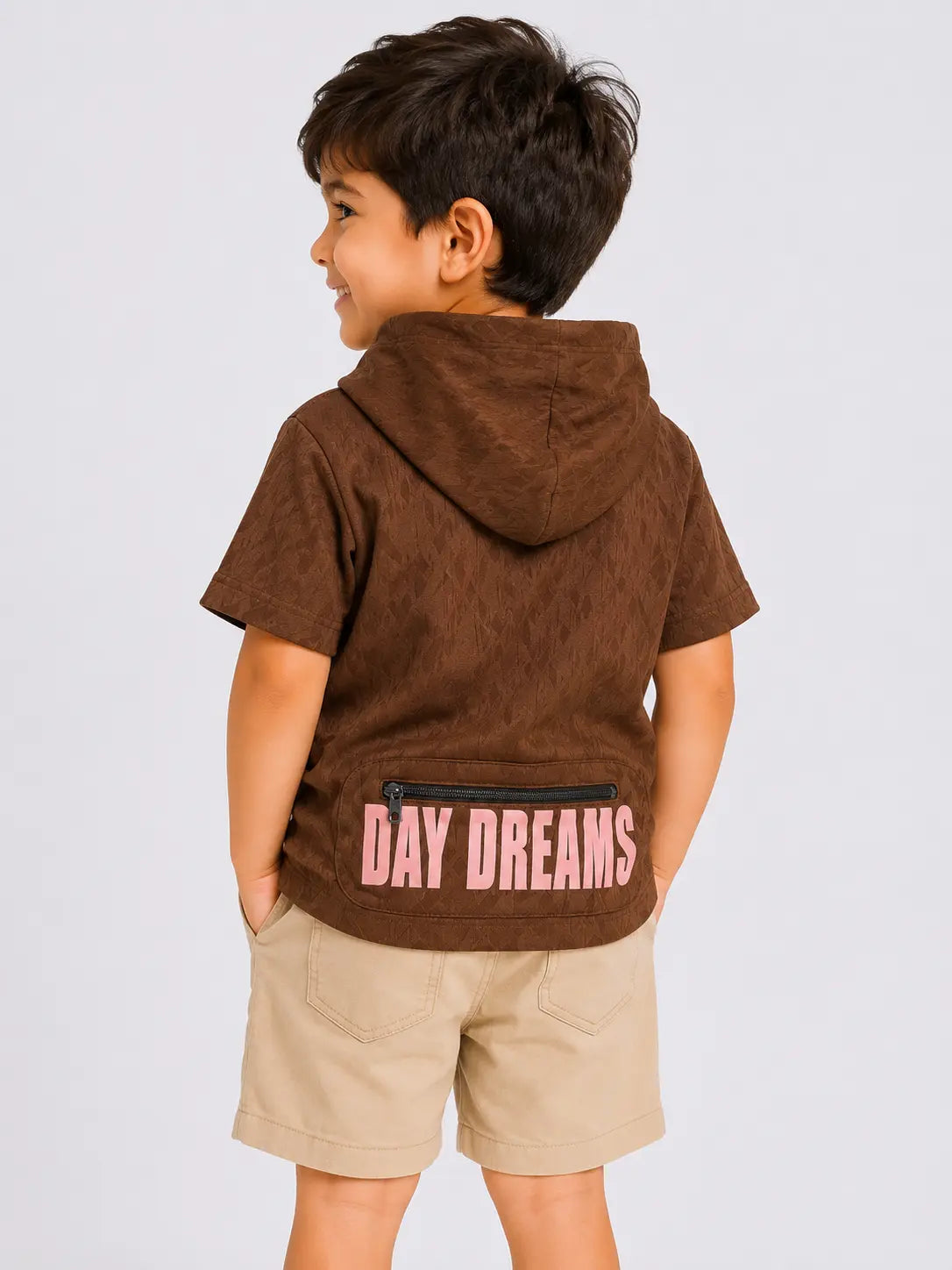 BloomUp Brown Graphic Hooded Half Sleeve T-Shirt for Boys – Textured Casual Summer Hoodie Tee
