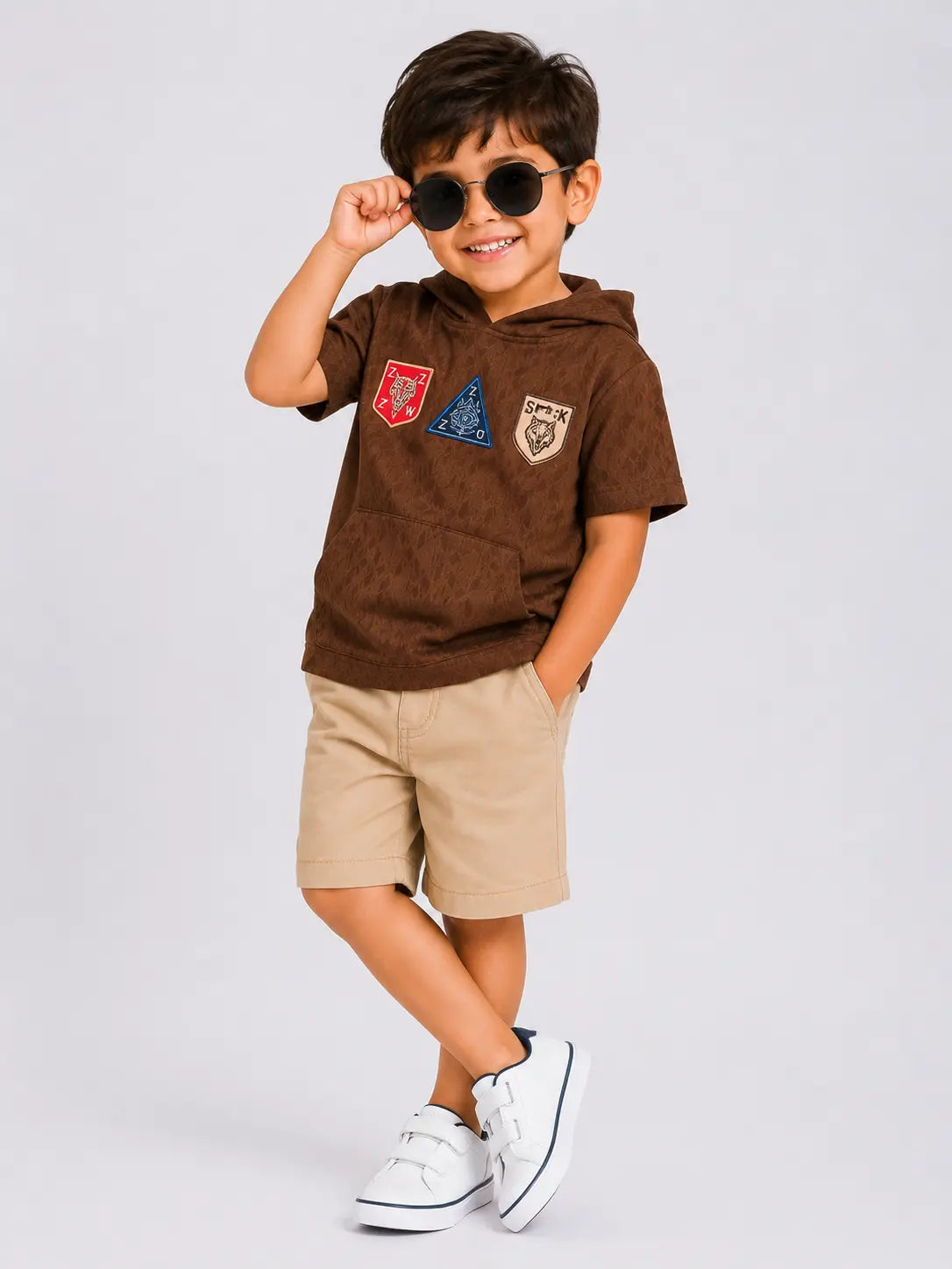 BloomUp Brown Graphic Hooded Half Sleeve T-Shirt for Boys – Textured Casual Summer Hoodie Tee