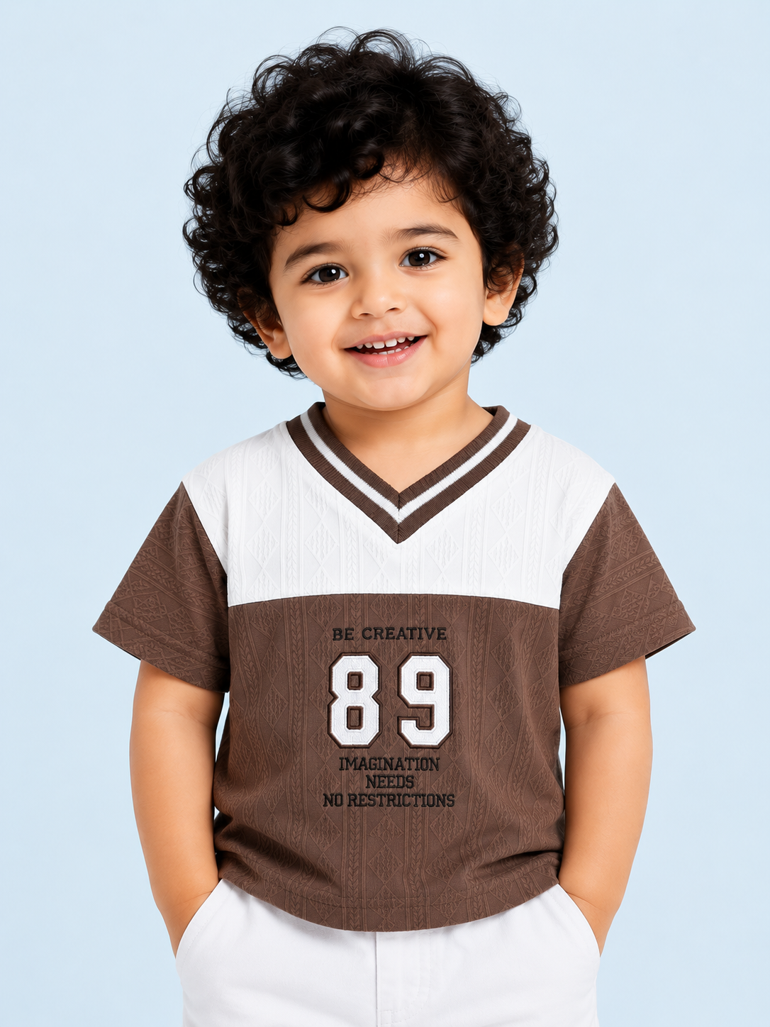 Brown & White Textured V-Neck T-Shirt for Boys – Soft Cotton Casual Graphic Tee BloomUp