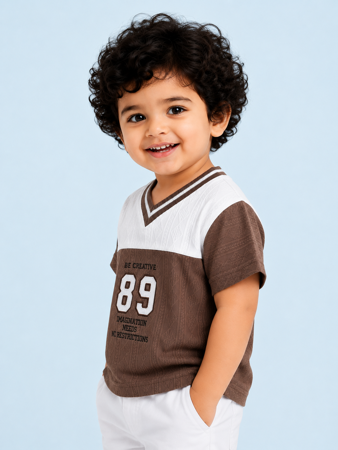 Brown & White Textured V-Neck T-Shirt for Boys – Soft Cotton Casual Graphic Tee BloomUp