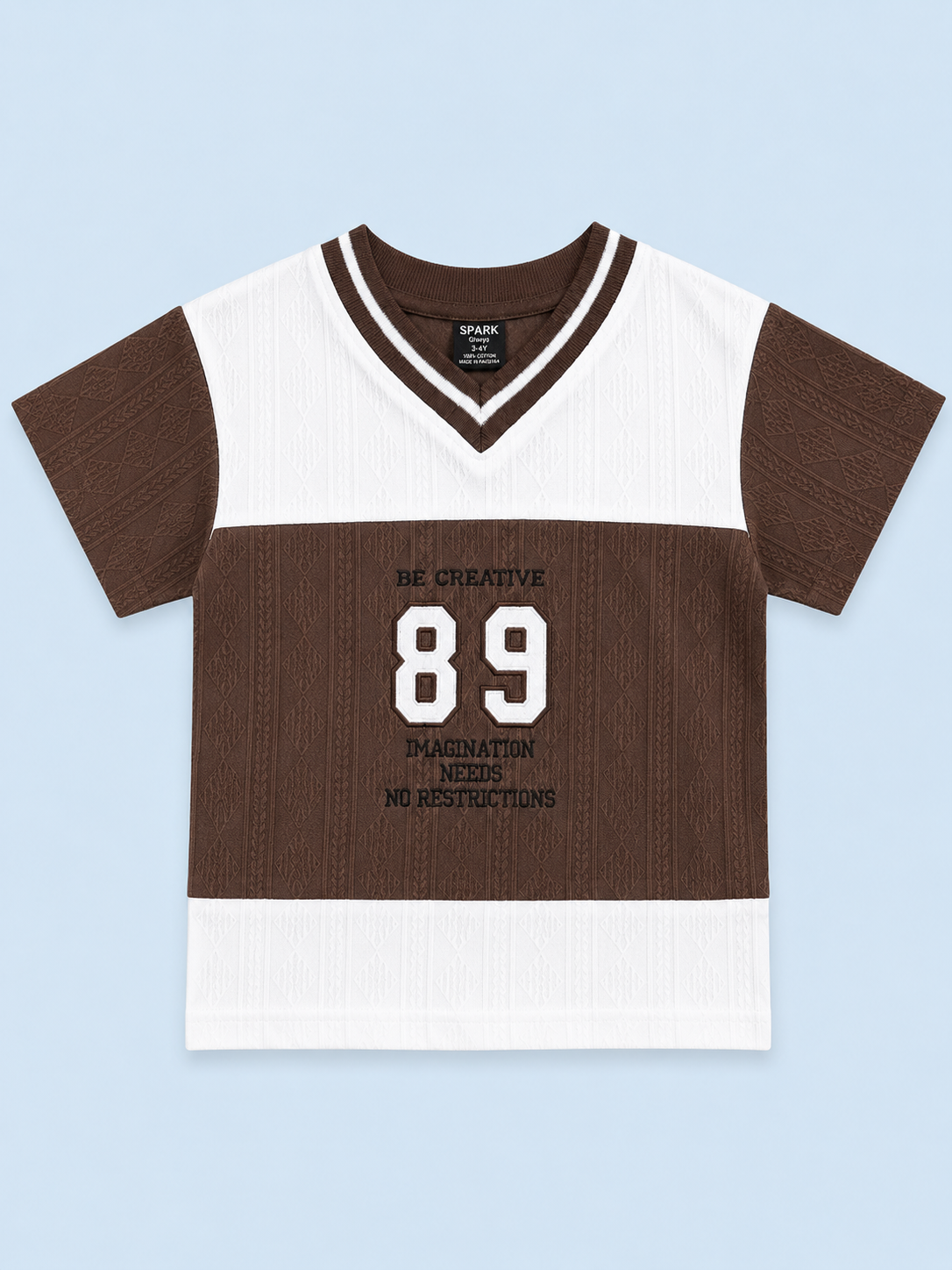 Brown & White Textured V-Neck T-Shirt for Boys – Soft Cotton Casual Graphic Tee BloomUp