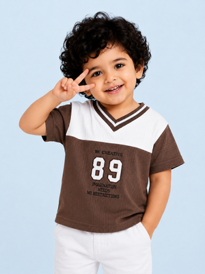 Brown & White Textured V-Neck T-Shirt for Boys – Soft Cotton Casual Graphic Tee BloomUp